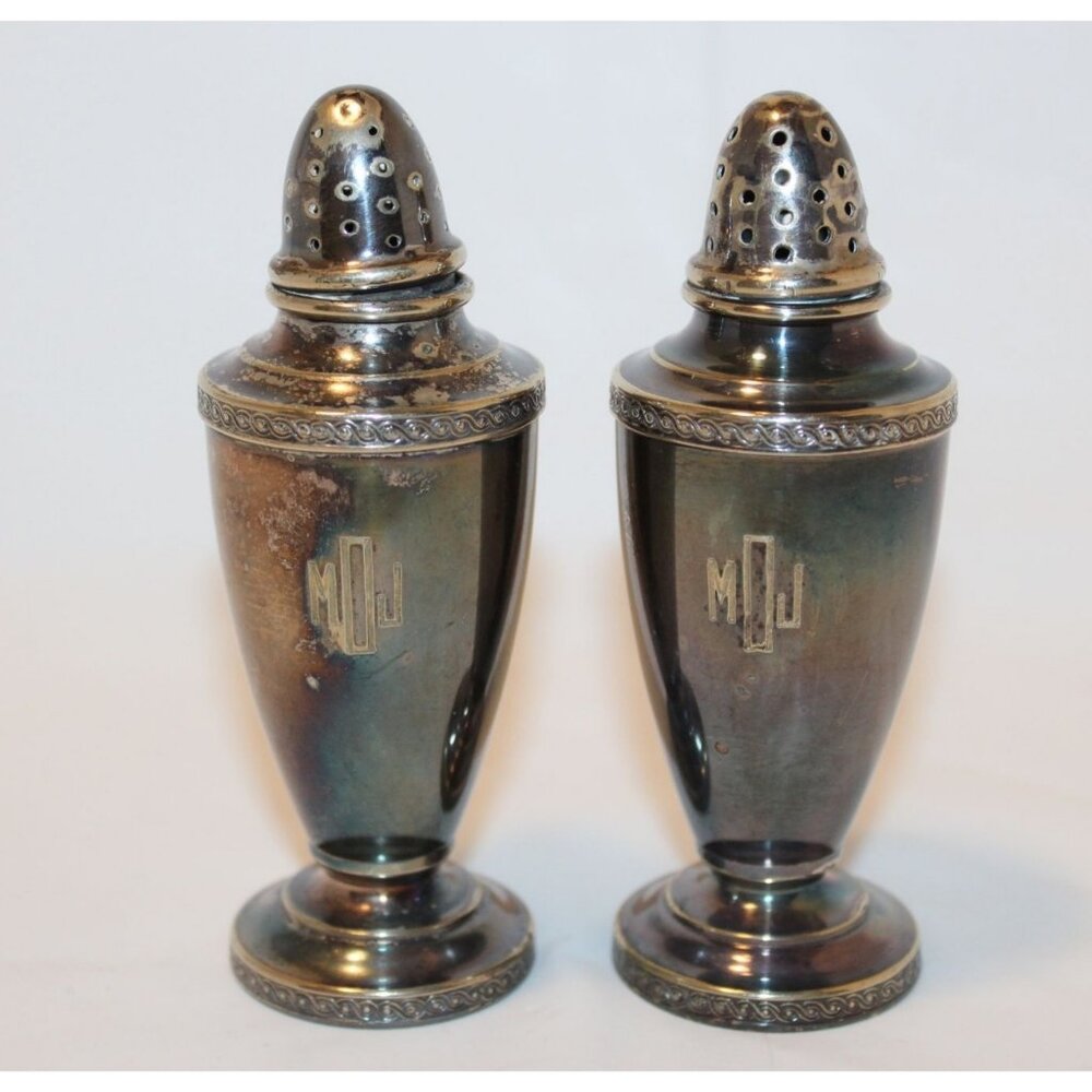 Vintage Gorham EP Silver Plated Salt & Pepper Shakers Monogram “MJ” 4.5” Tall